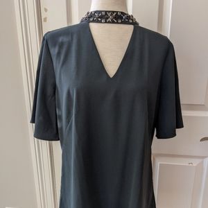 Jeweled Neck, Flutter Sleeve Top